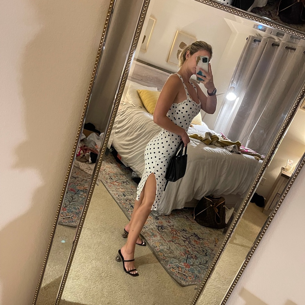 Mid length white polka dot dress